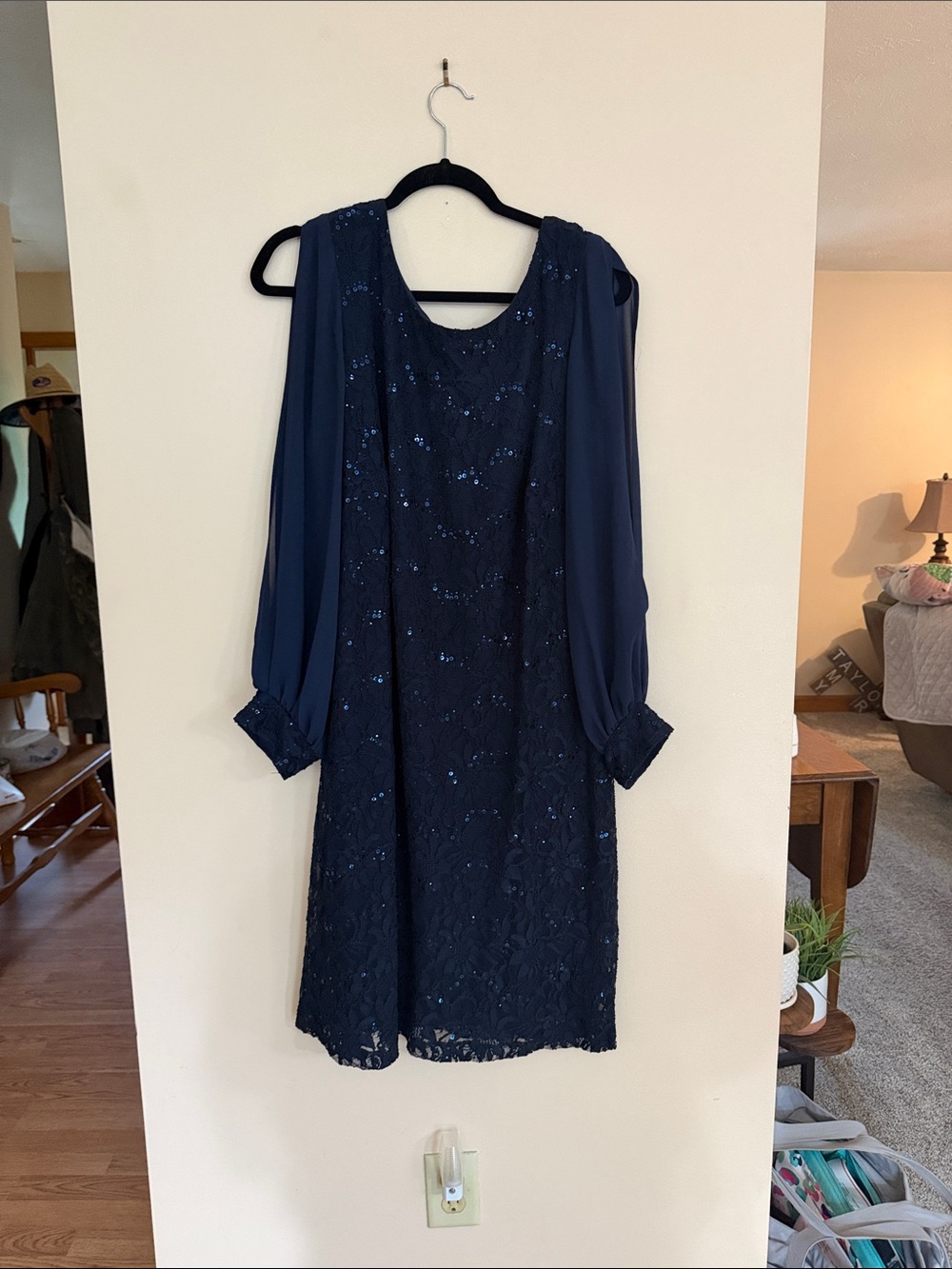 Taylor Navy Sequin Cold-Shoulder Long Sleeve Dress